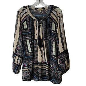Democracy Boho Geometric Print Tassel Tie 3/4 Sleeve Tunic Top XL